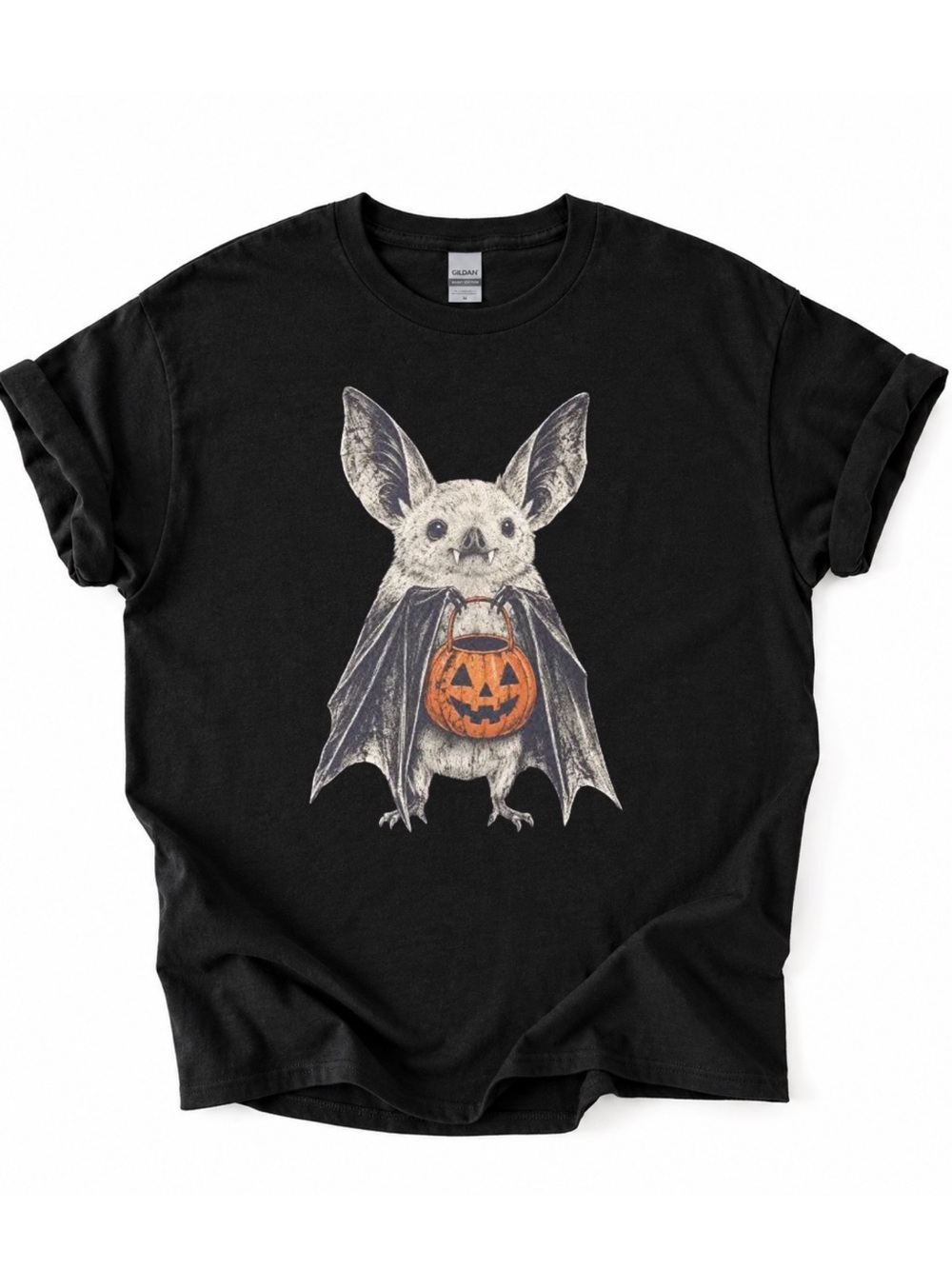 Gildan Black Tee with Bat and Orange Pumpkin Graphic